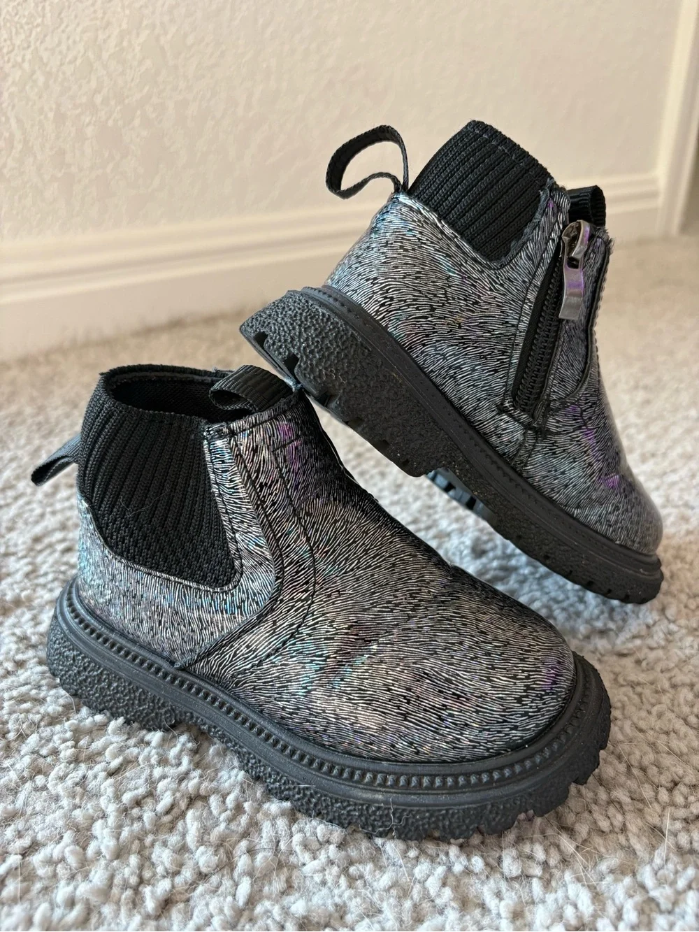 Kids Metallic Black Holographic Ankle Boots